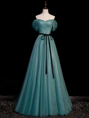 Green A line tulle sequin long prom dress green  tulle formal dress