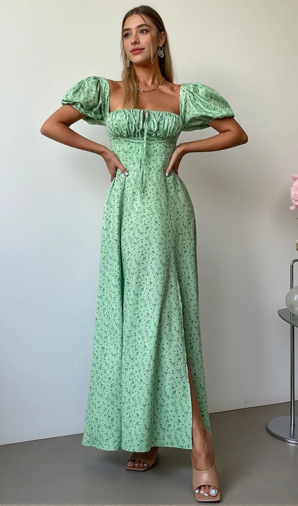 GREEN VINTAGE FLORAL PUFF SLEEVE MIDI DRESS