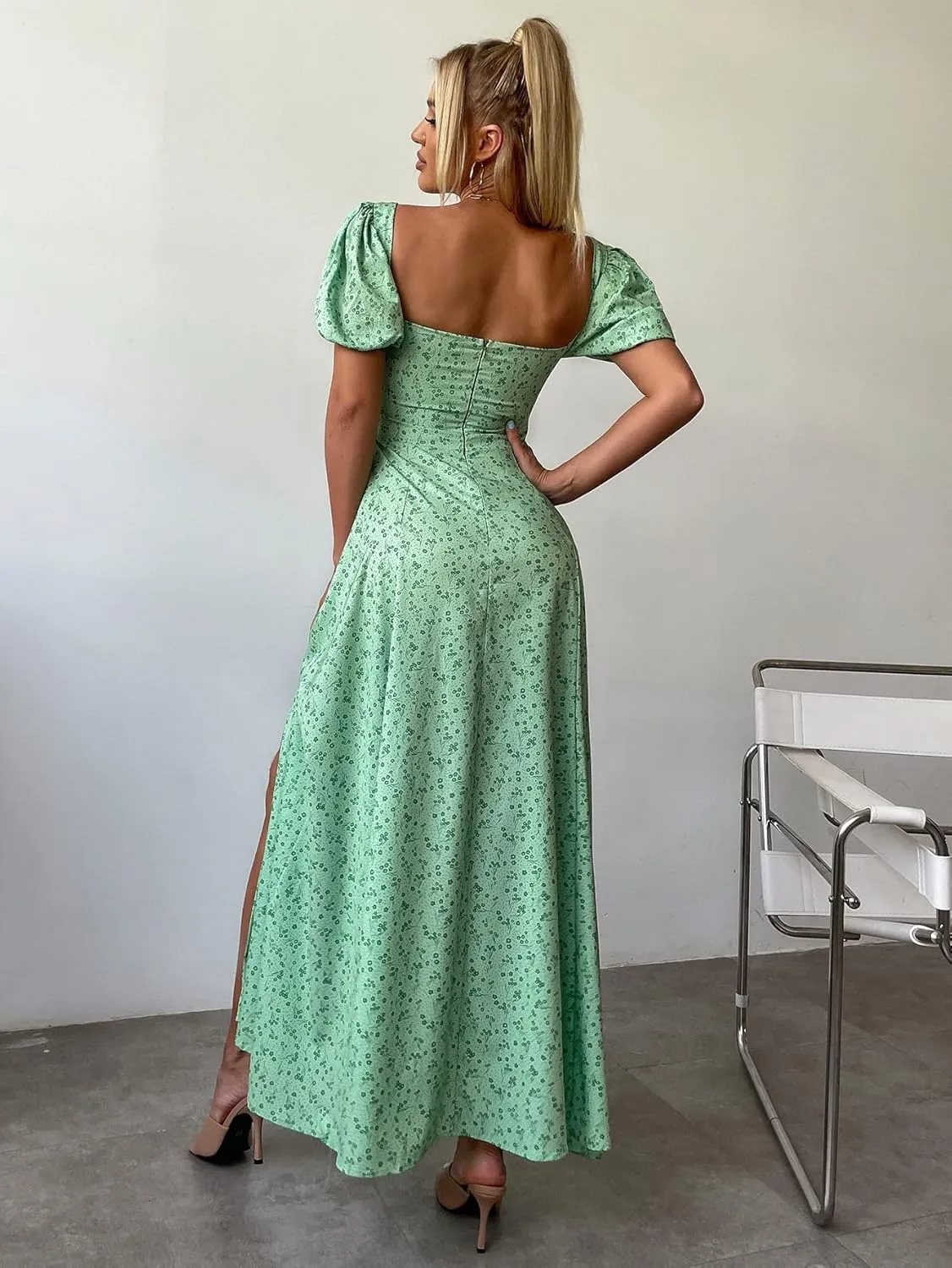GREEN VINTAGE FLORAL PUFF SLEEVE MIDI DRESS