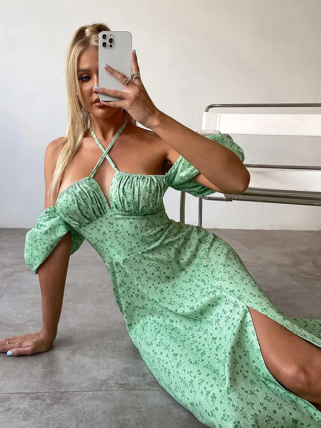 GREEN VINTAGE FLORAL PUFF SLEEVE MIDI DRESS