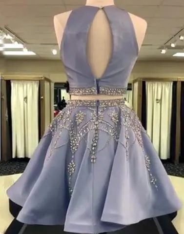 Grey Two Pieces Hatler Beaded Cheap Short Homecoming Dresses 2018, BDY0285