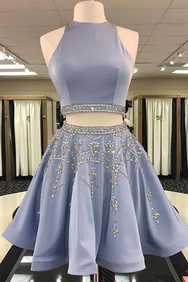 Grey Two Pieces Hatler Beaded Cheap Short Homecoming Dresses 2018, BDY0285