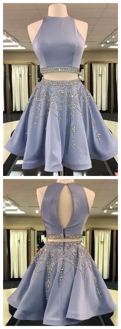 Grey Two Pieces Hatler Beaded Cheap Short Homecoming Dresses 2018, BDY0285