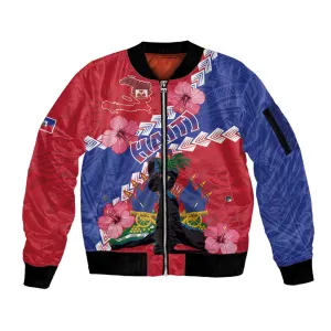 Haiti Neg Maron Sleeve Zip Bomber Jacket Coat Of Arms - Hisbicus Polynesian LT15