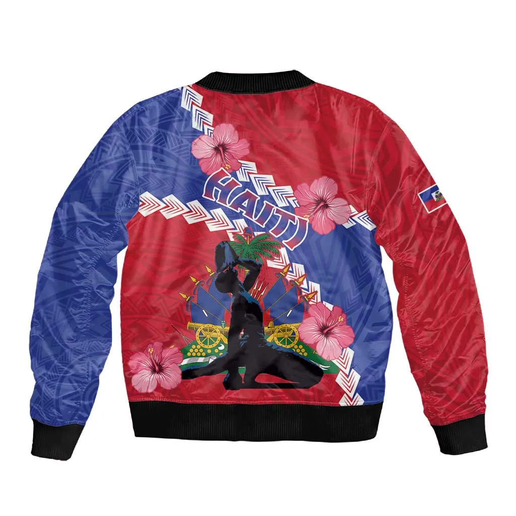 Haiti Neg Maron Sleeve Zip Bomber Jacket Coat Of Arms - Hisbicus Polynesian LT15