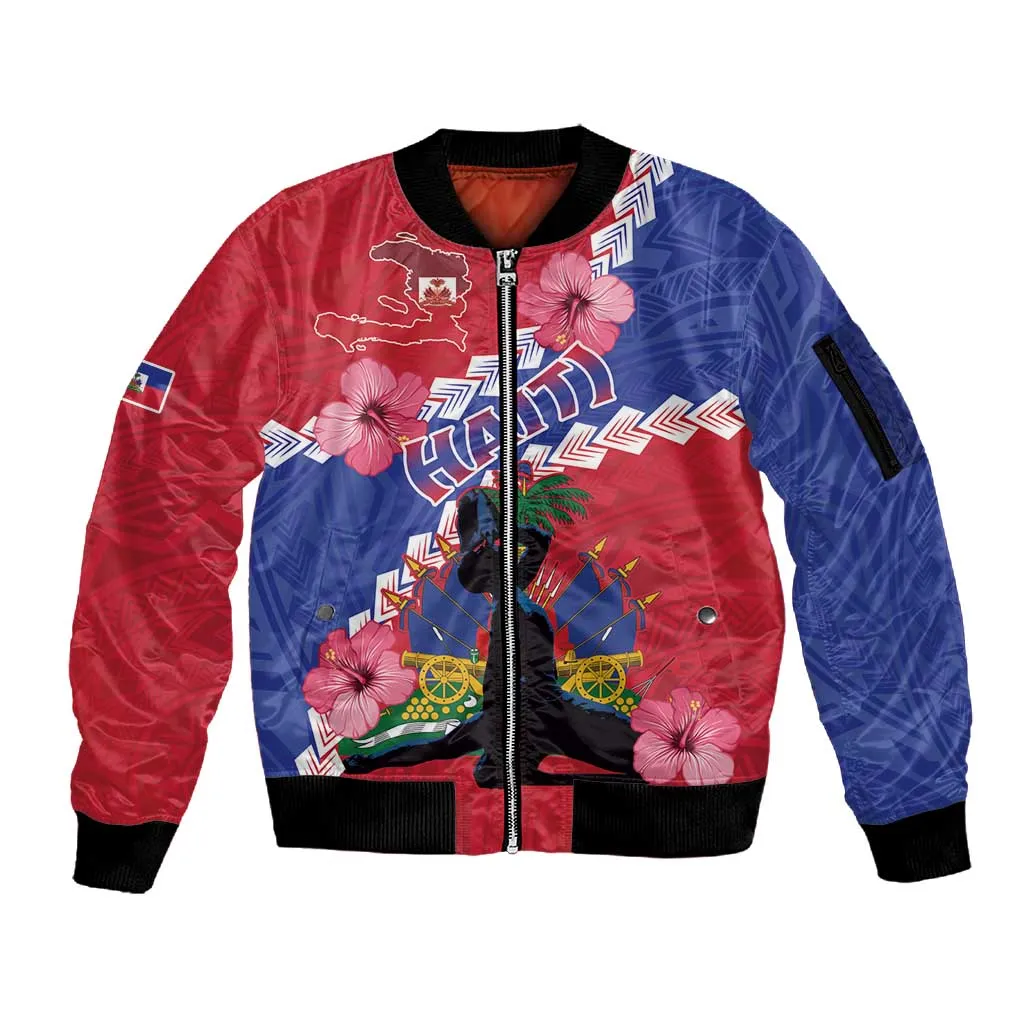Haiti Neg Maron Sleeve Zip Bomber Jacket Coat Of Arms - Hisbicus Polynesian LT15