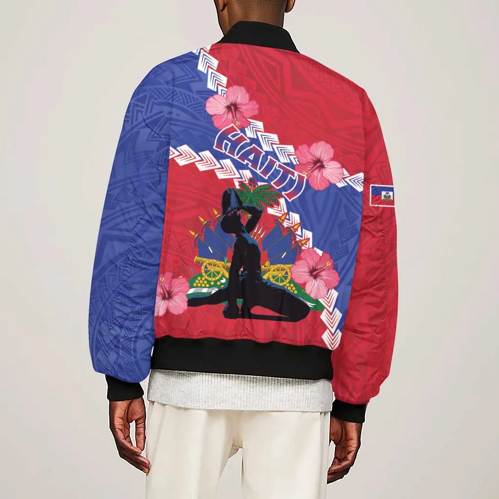 Haiti Neg Maron Sleeve Zip Bomber Jacket Coat Of Arms - Hisbicus Polynesian LT15