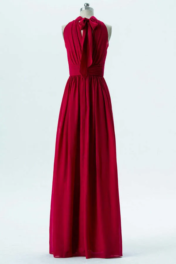 Halter A-line Wine Red Chiffon Long Bridesmaid Dress