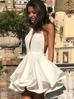 Halter Neck Short White Prom Dresses, Short V Neck White Backless Graduation Homecoming Dresses