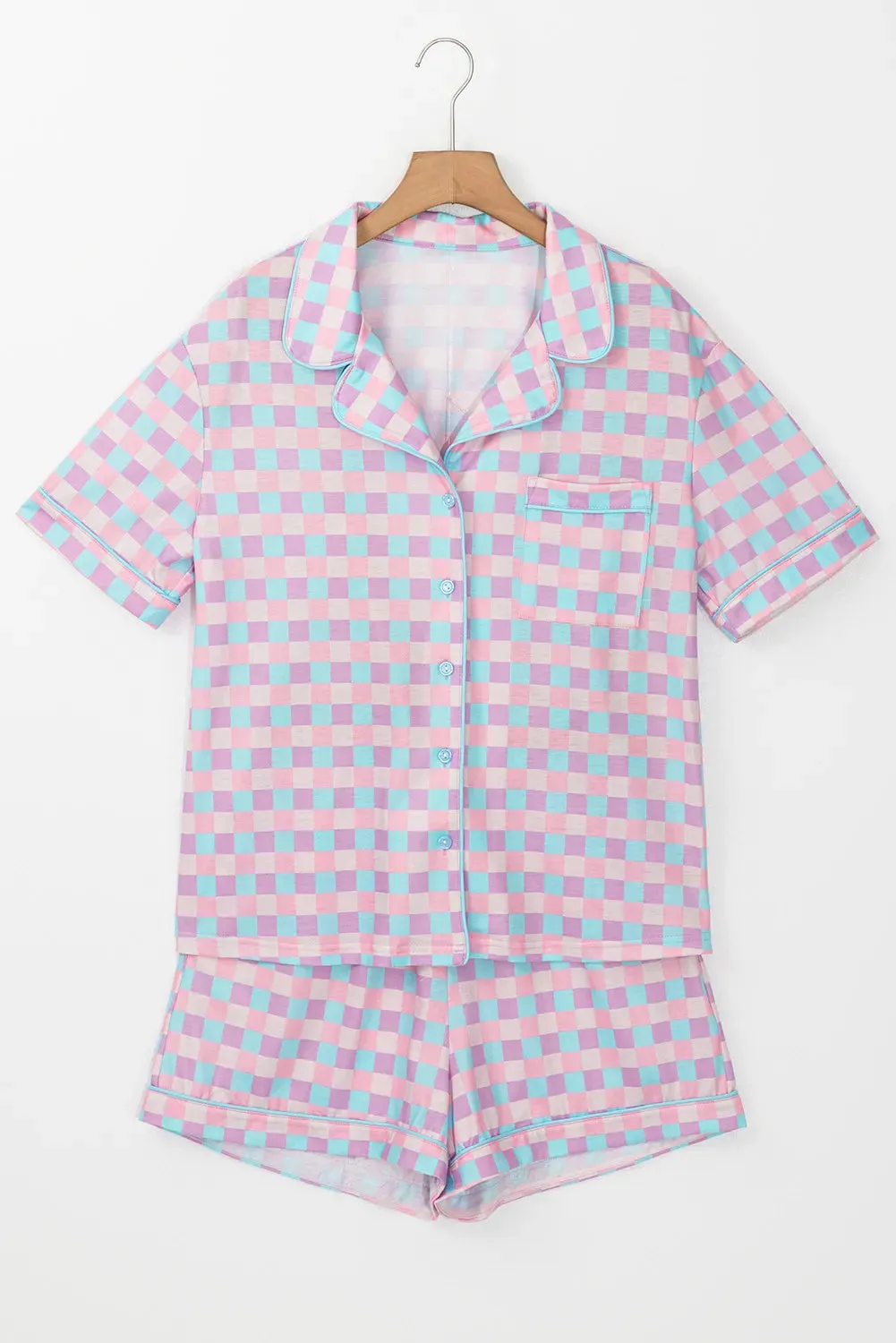 Hazel Blues® |  Plaid Collared Neck Short Sleeve Top and Shorts Lounge Set