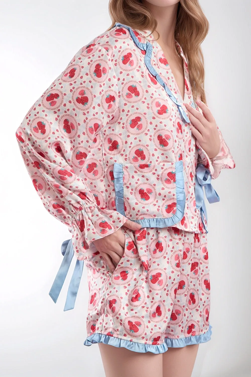 Hazel Blues® |  Valentine’s Day Frill Strawberry Print Flounce Sleeve Top and Shorts Lounge Set