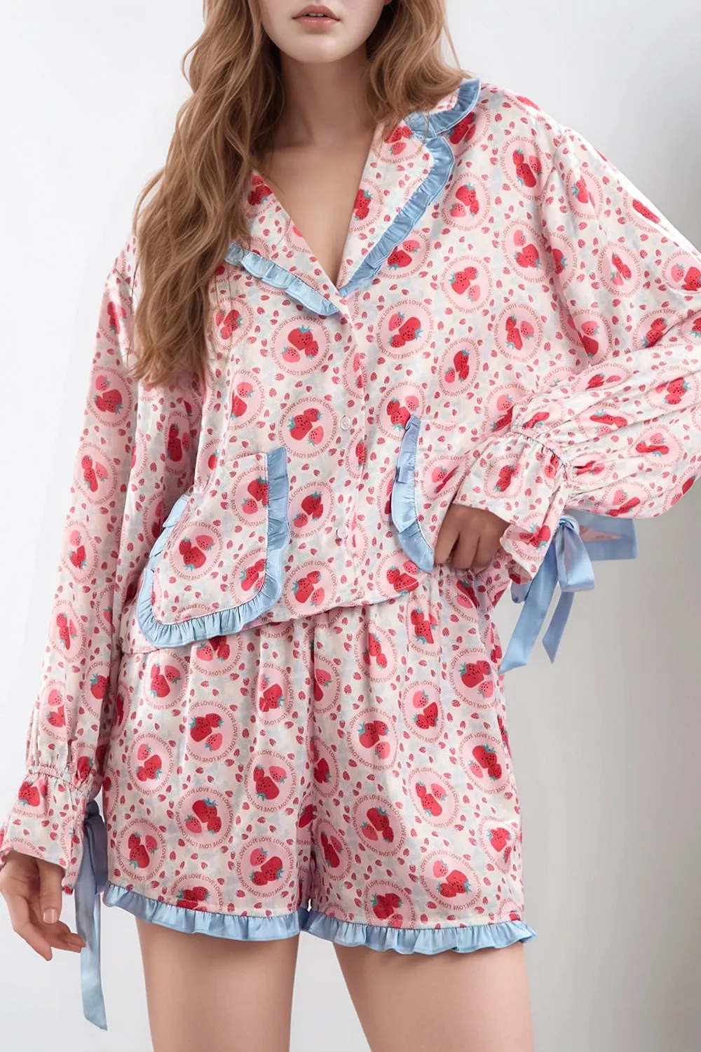 Hazel Blues® |  Valentine’s Day Frill Strawberry Print Flounce Sleeve Top and Shorts Lounge Set