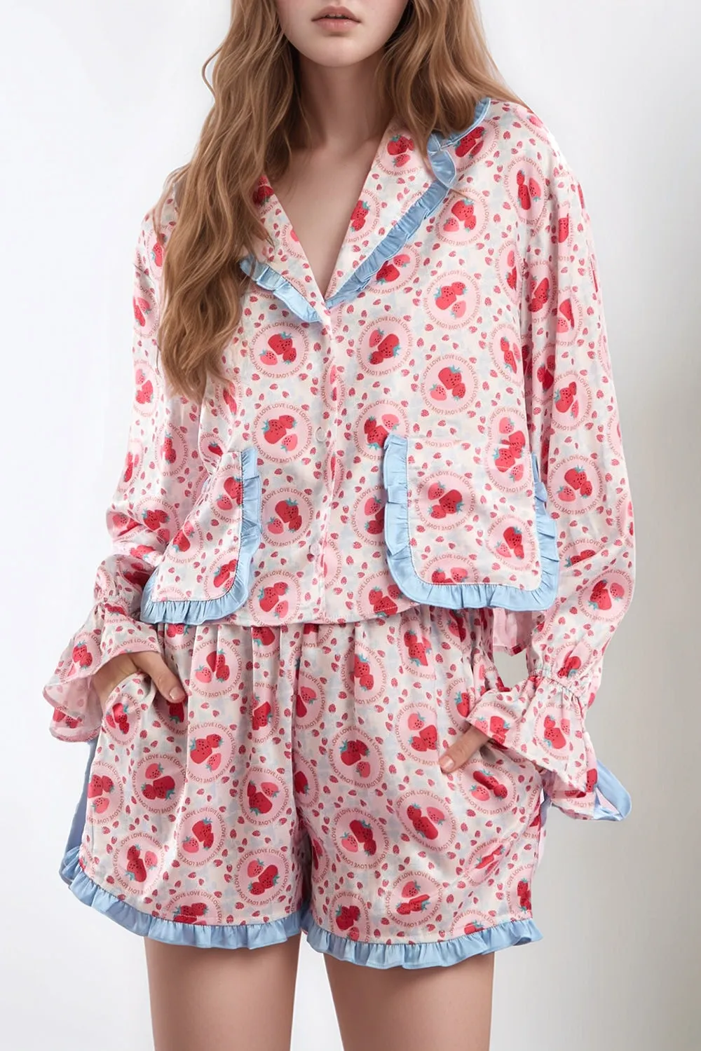 Hazel Blues® |  Valentine’s Day Frill Strawberry Print Flounce Sleeve Top and Shorts Lounge Set