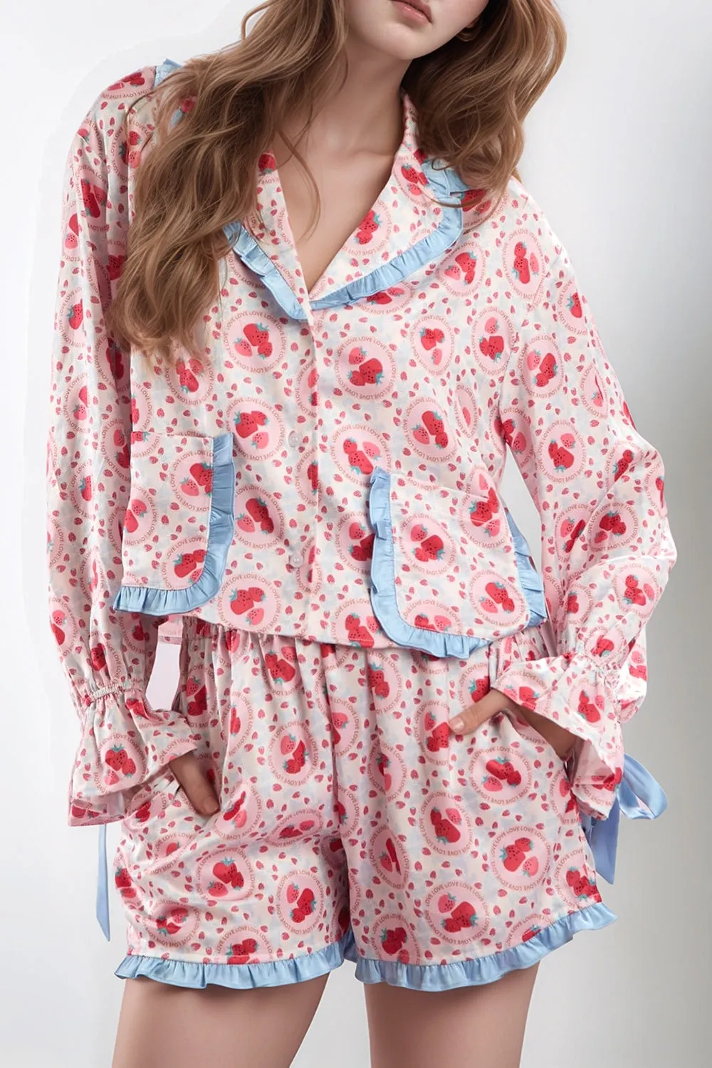 Hazel Blues® |  Valentine’s Day Frill Strawberry Print Flounce Sleeve Top and Shorts Lounge Set