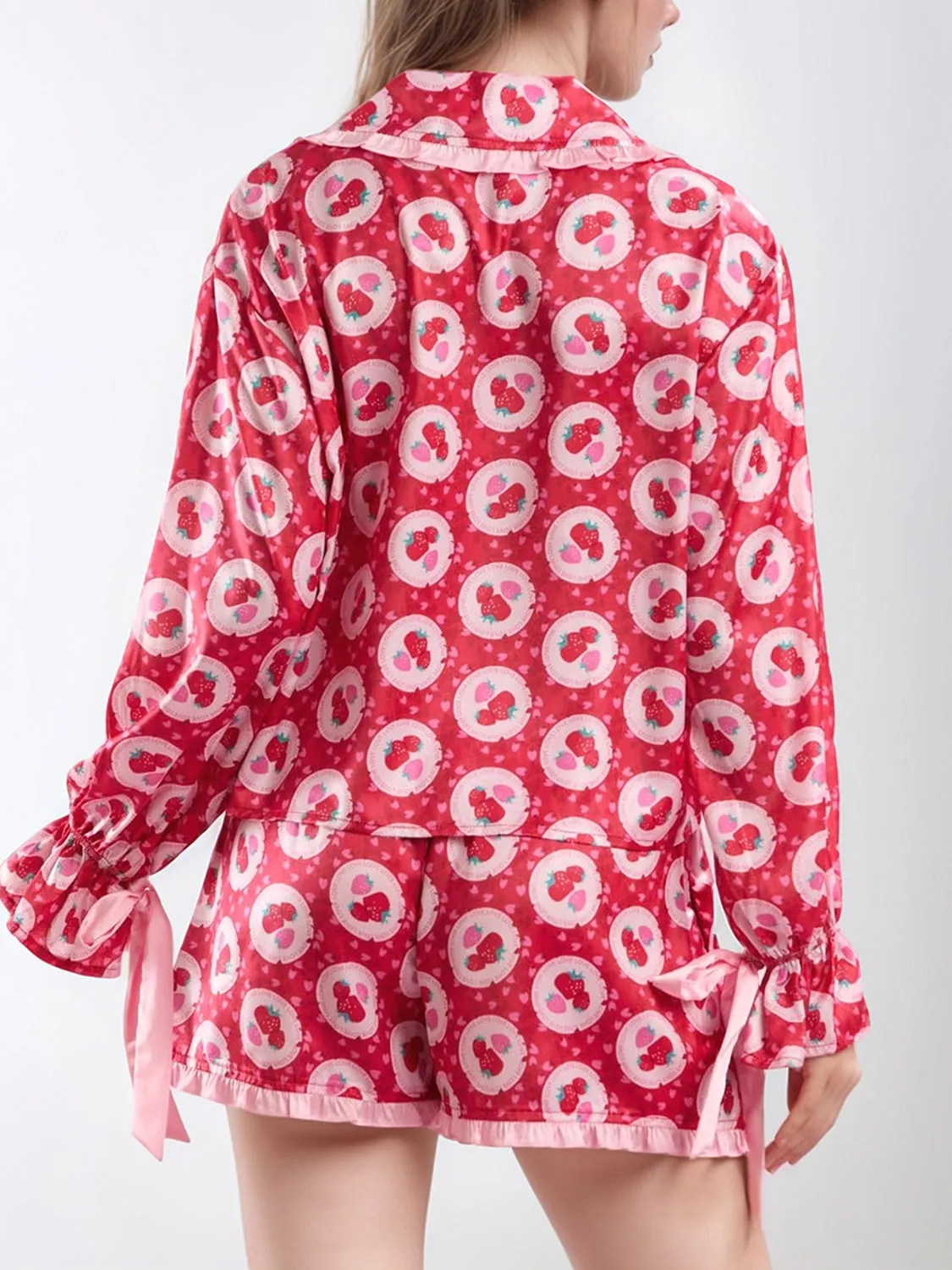 Hazel Blues® |  Valentine’s Day Frill Strawberry Print Flounce Sleeve Top and Shorts Lounge Set