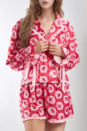 Hazel Blues® |  Valentine’s Day Frill Strawberry Print Flounce Sleeve Top and Shorts Lounge Set
