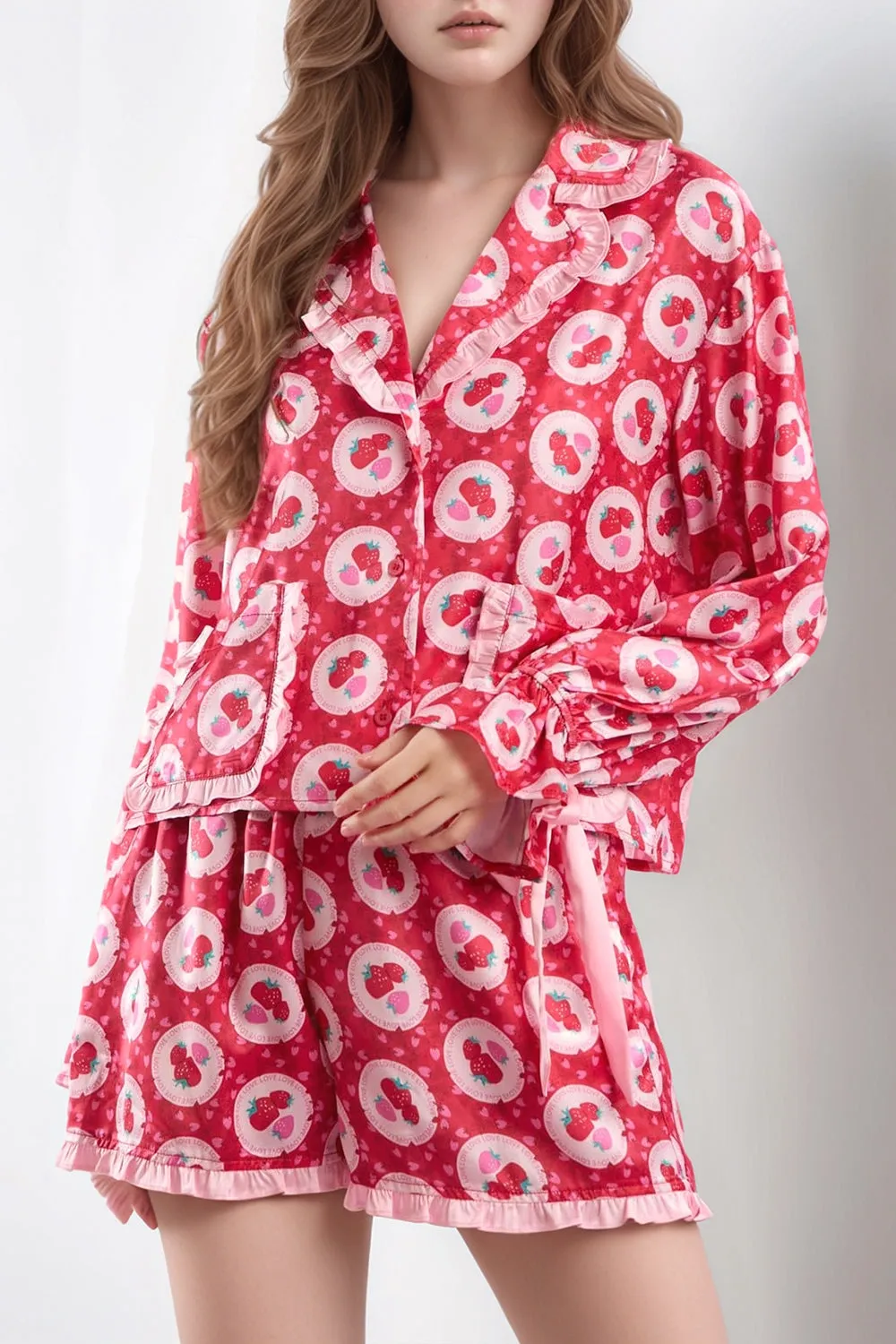 Hazel Blues® |  Valentine’s Day Frill Strawberry Print Flounce Sleeve Top and Shorts Lounge Set