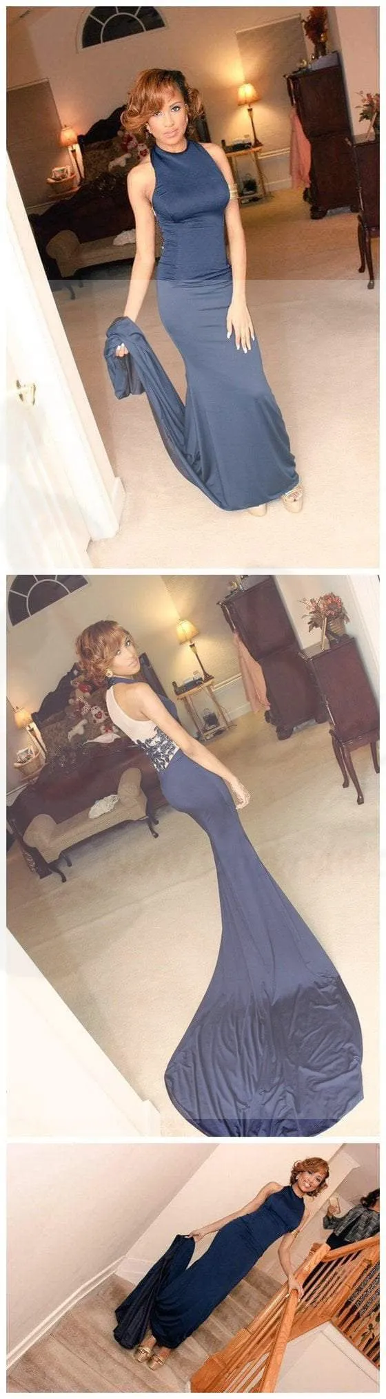 High Neck Prom Dresses, Blue Prom Dresses, Sexy Mermaid Prom Dresses, Party Dresses, Long Prom Dress