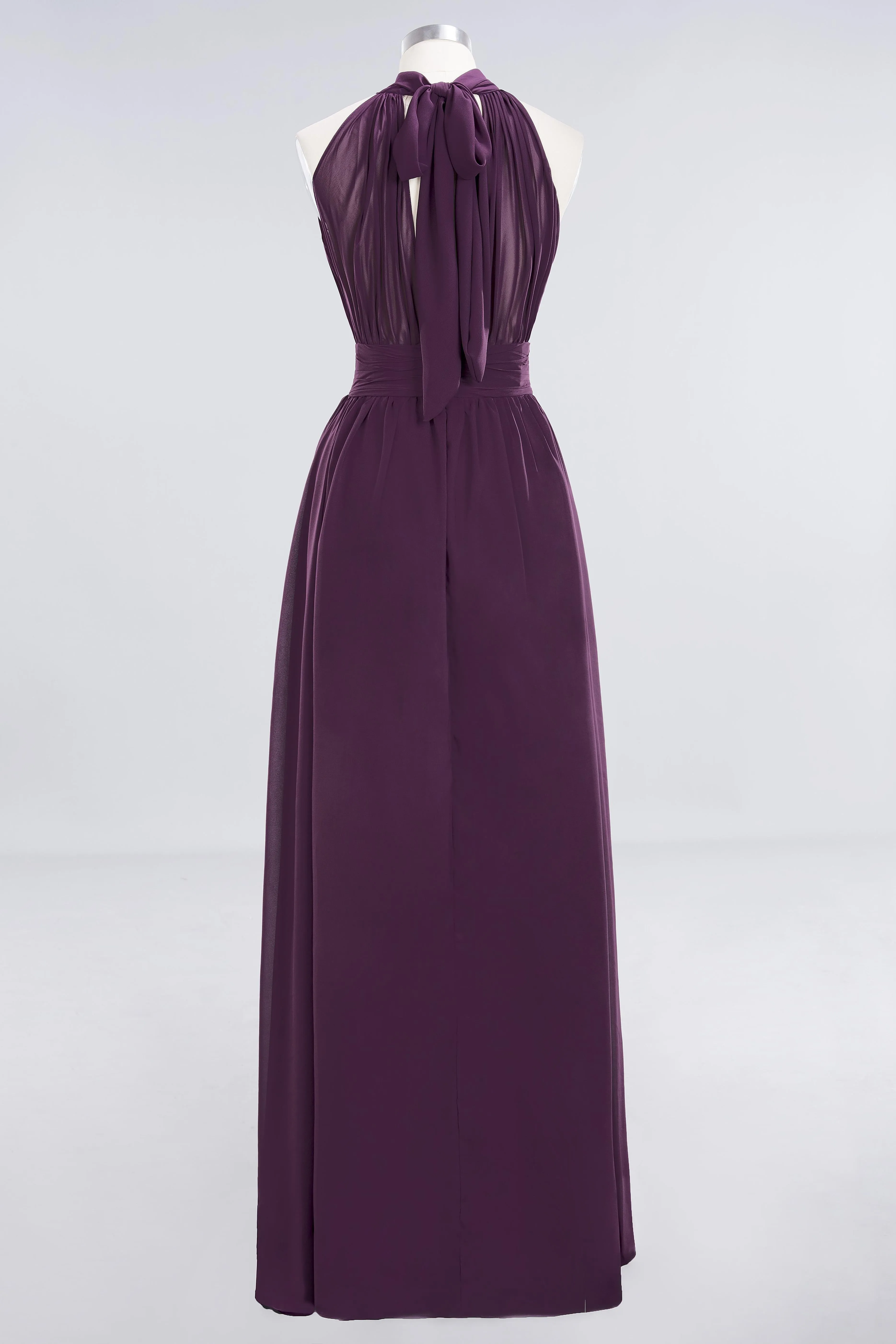 High Neck Purple Chiffon A-line Long Bridesmaid Dress