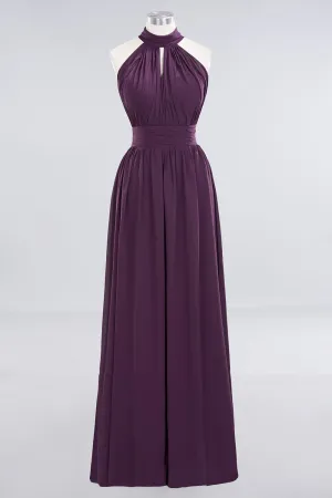 High Neck Purple Chiffon A-line Long Bridesmaid Dress