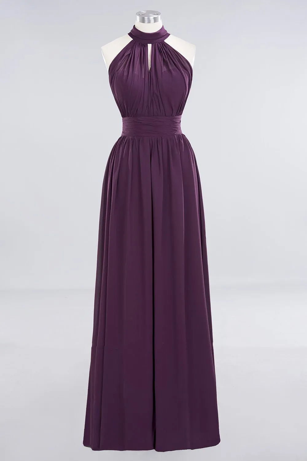 High Neck Purple Chiffon A-line Long Bridesmaid Dress