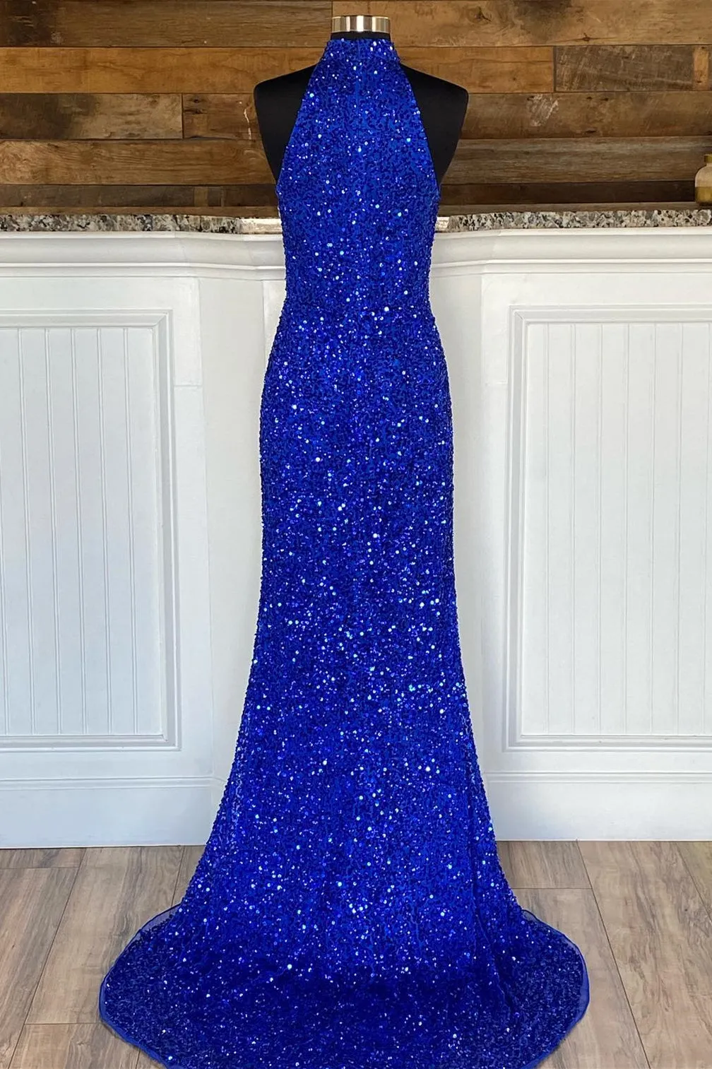 High Neck Royal Blue Sequin Mermaid Long Formal Dress with Detachable Train
