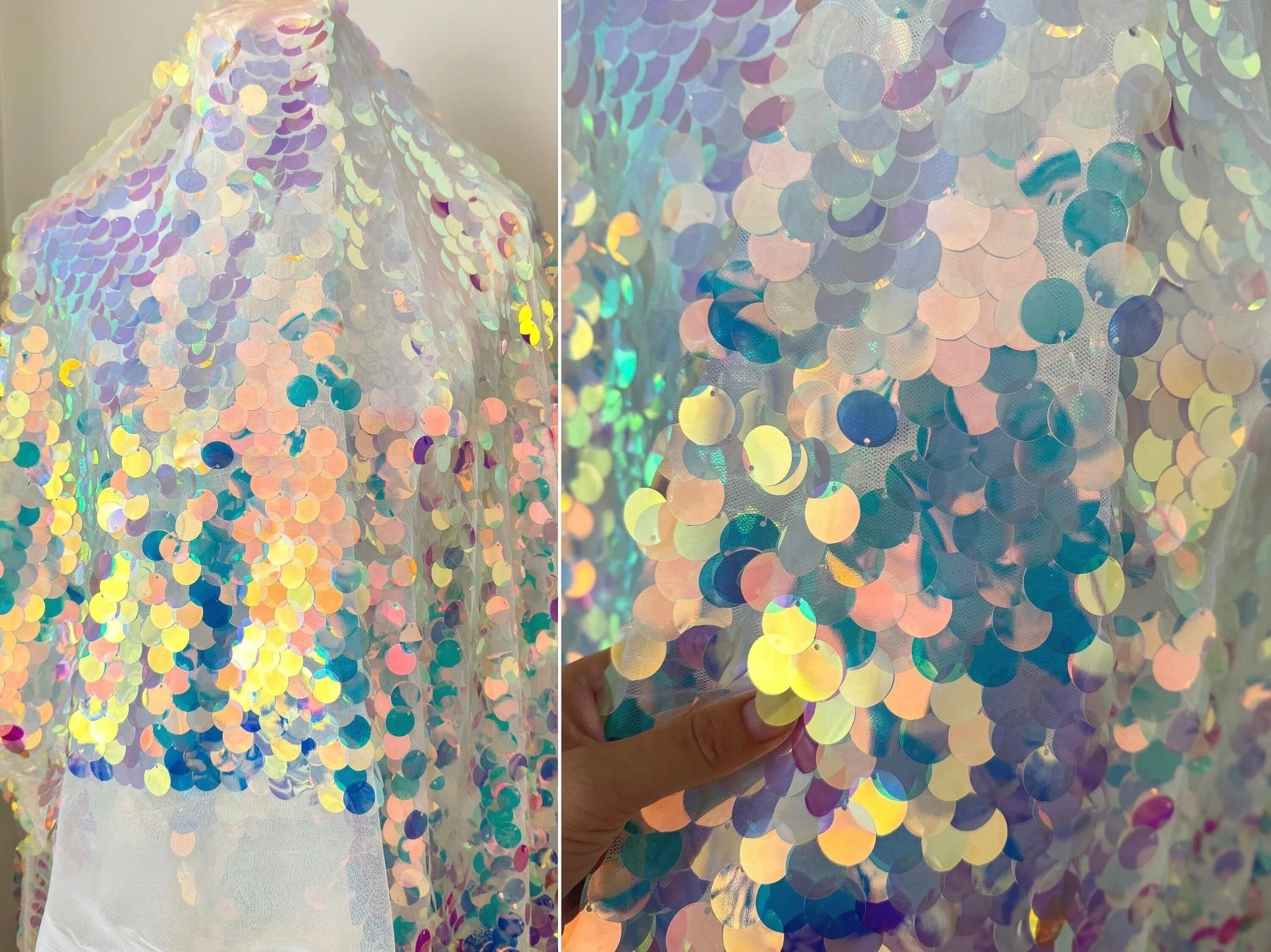 Iridescent Coin Sequin on White Mesh Fabric