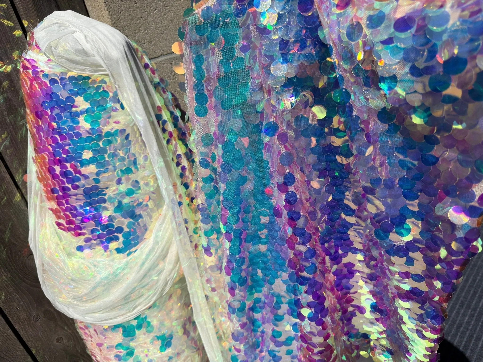 Iridescent Coin Sequin on White Mesh Fabric
