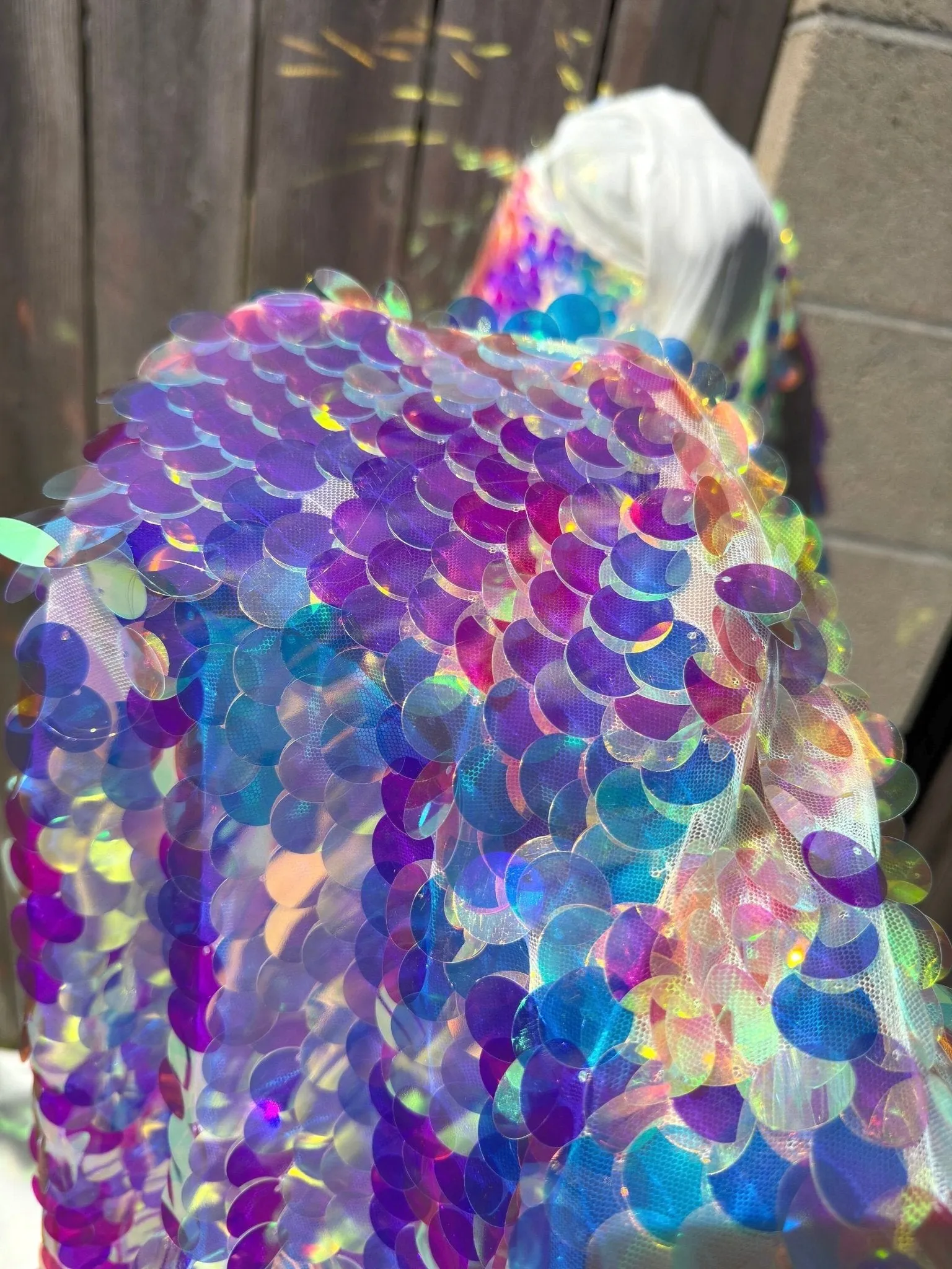 Iridescent Coin Sequin on White Mesh Fabric