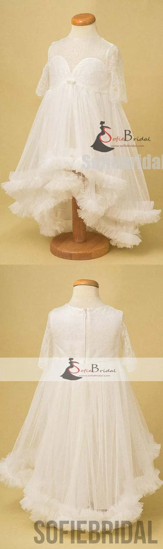 Ivory Lace Tulle Little Girl Dresses, Half Sleeves Hi-low Dresses, Flower Girl Dresses, FG088