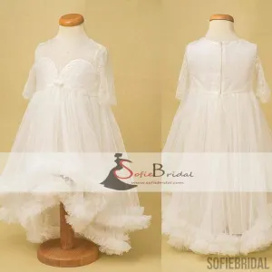 Ivory Lace Tulle Little Girl Dresses, Half Sleeves Hi-low Dresses, Flower Girl Dresses, FG088