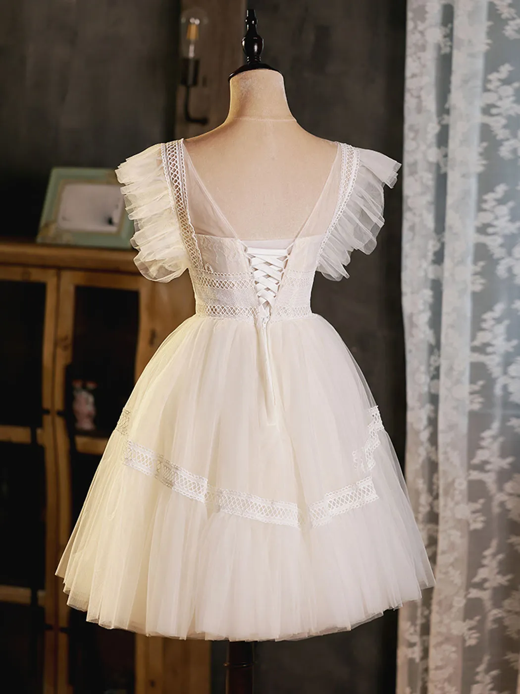 ivory round neck tulle lace short prom dress ivory homecoming dress