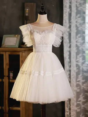 ivory round neck tulle lace short prom dress ivory homecoming dress