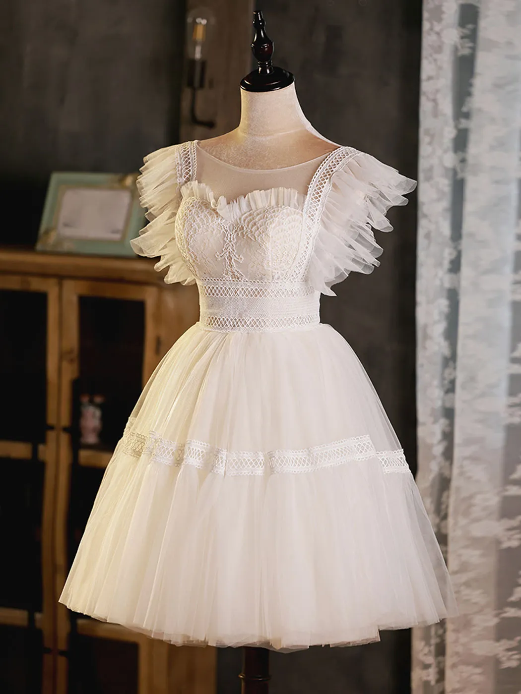 ivory round neck tulle lace short prom dress ivory homecoming dress
