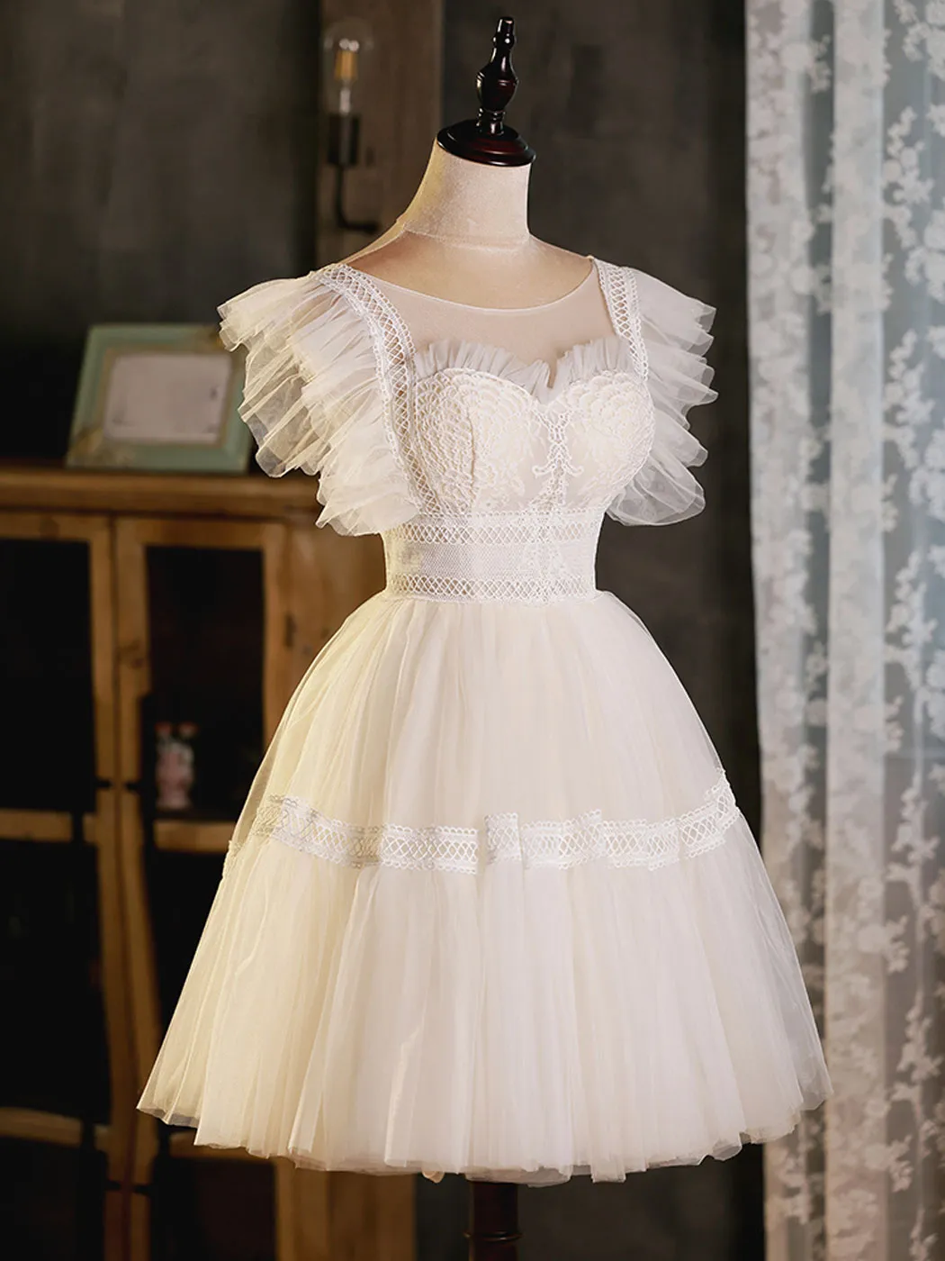 ivory round neck tulle lace short prom dress ivory homecoming dress