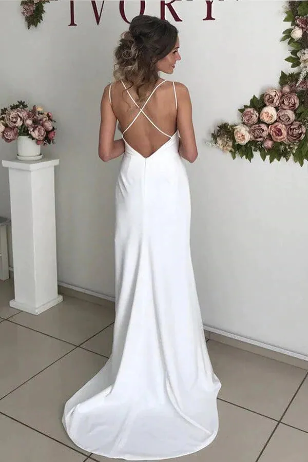 Ivory Satin Spaghetti Straps Sheath Wedding Dresses, Side Slit Bridal Gown, SW514