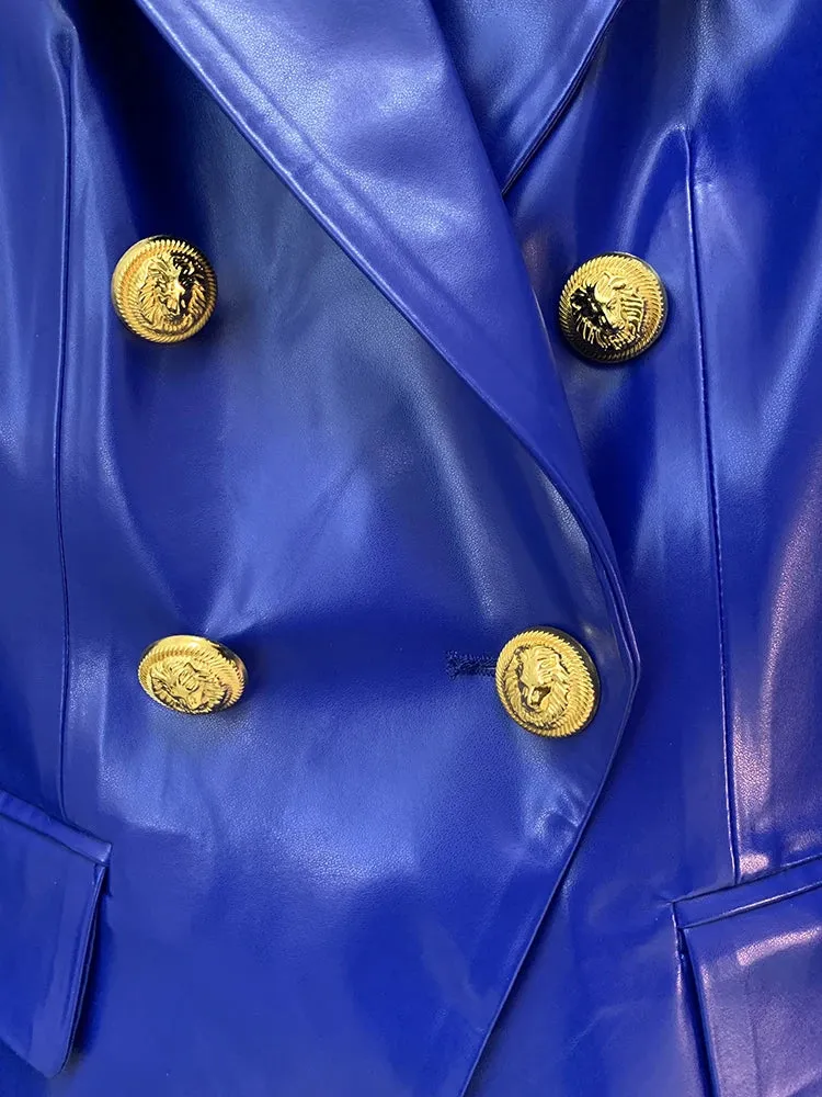 Jacket Women's Double Breasted Lion Buttons Slim Fitting Faux Leather Blazer