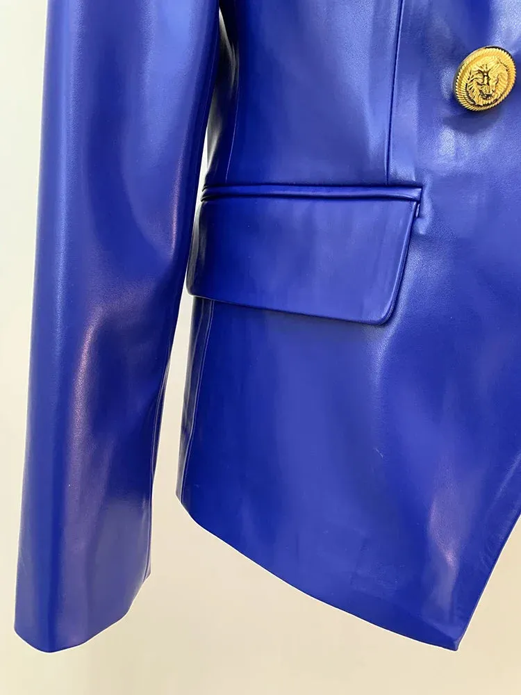 Jacket Women's Double Breasted Lion Buttons Slim Fitting Faux Leather Blazer