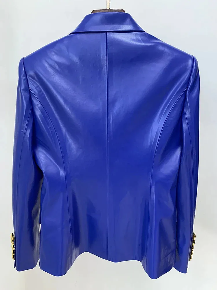 Jacket Women's Double Breasted Lion Buttons Slim Fitting Faux Leather Blazer