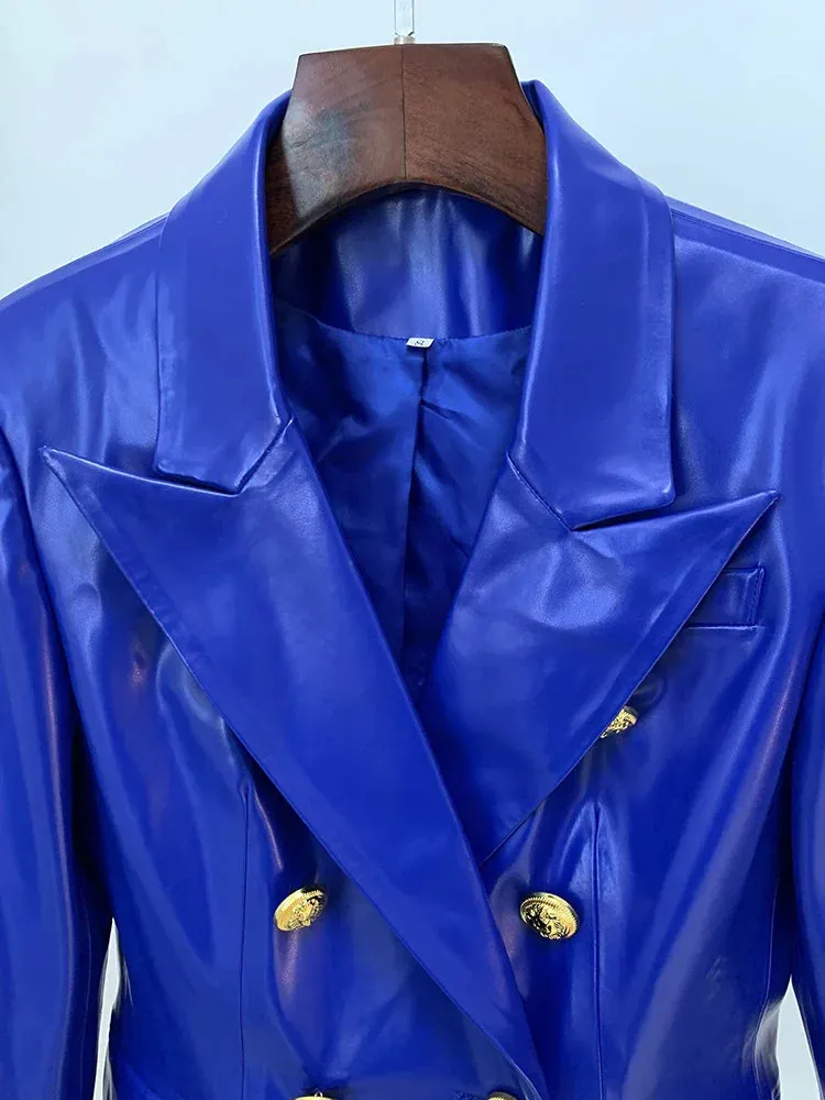 Jacket Women's Double Breasted Lion Buttons Slim Fitting Faux Leather Blazer