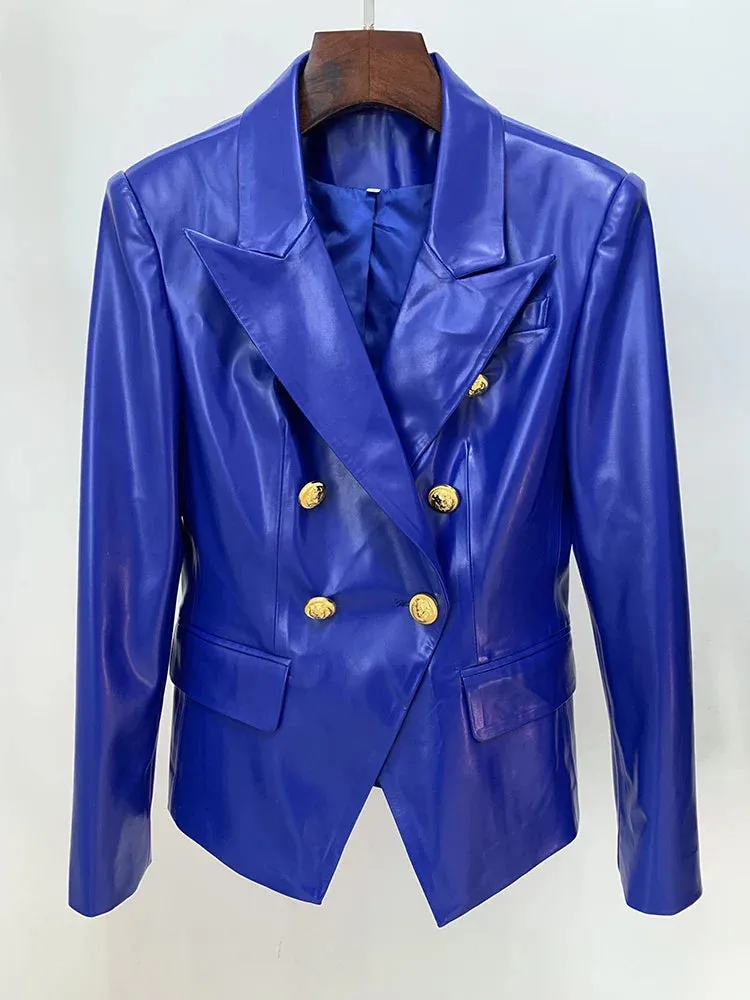 Jacket Women's Double Breasted Lion Buttons Slim Fitting Faux Leather Blazer