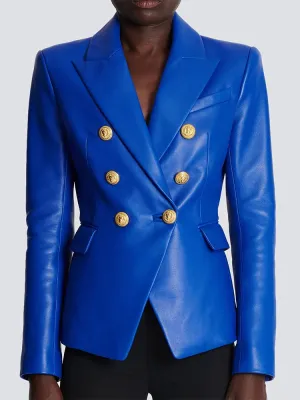 Jacket Women's Double Breasted Lion Buttons Slim Fitting Faux Leather Blazer