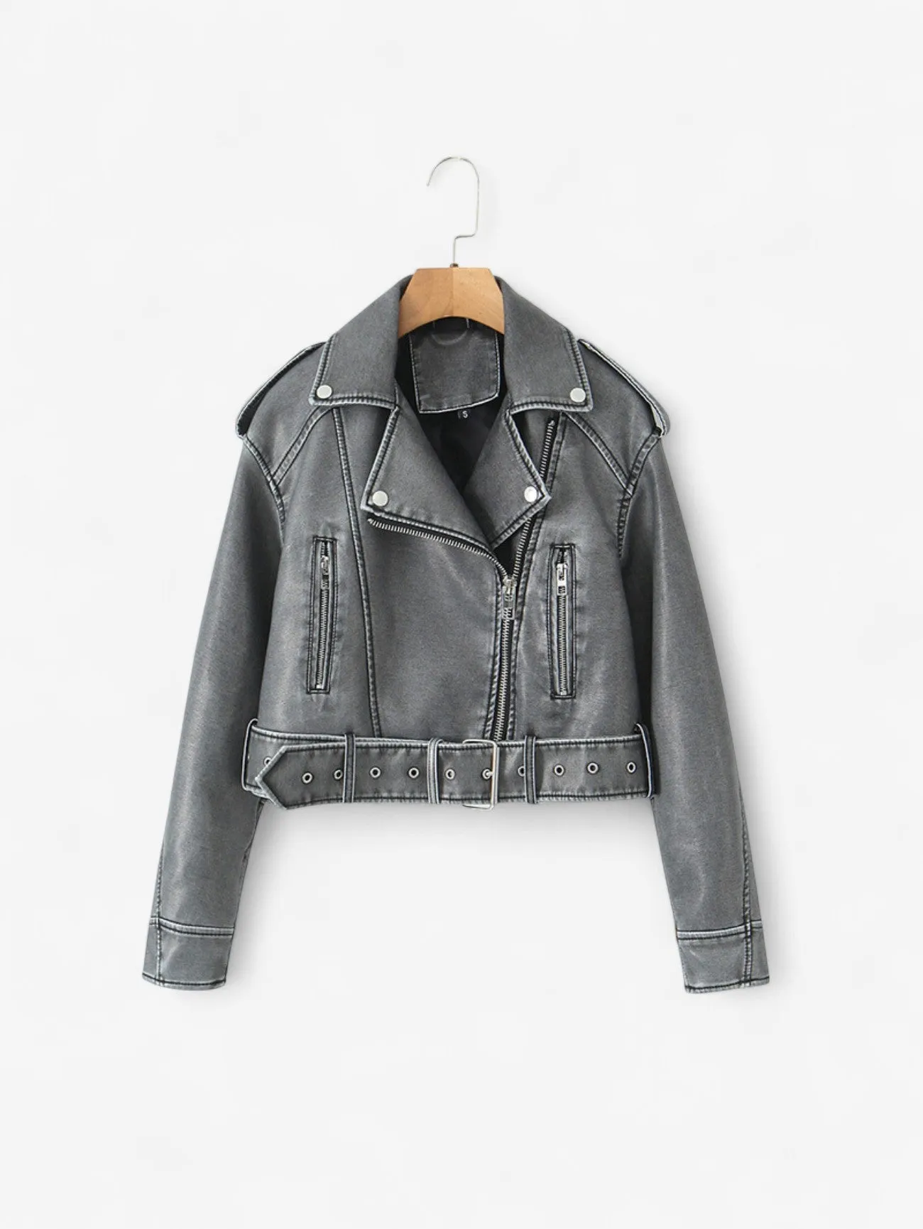 Jada | Women's Cropped Motorcycle Jacket Zipper Design with Belt