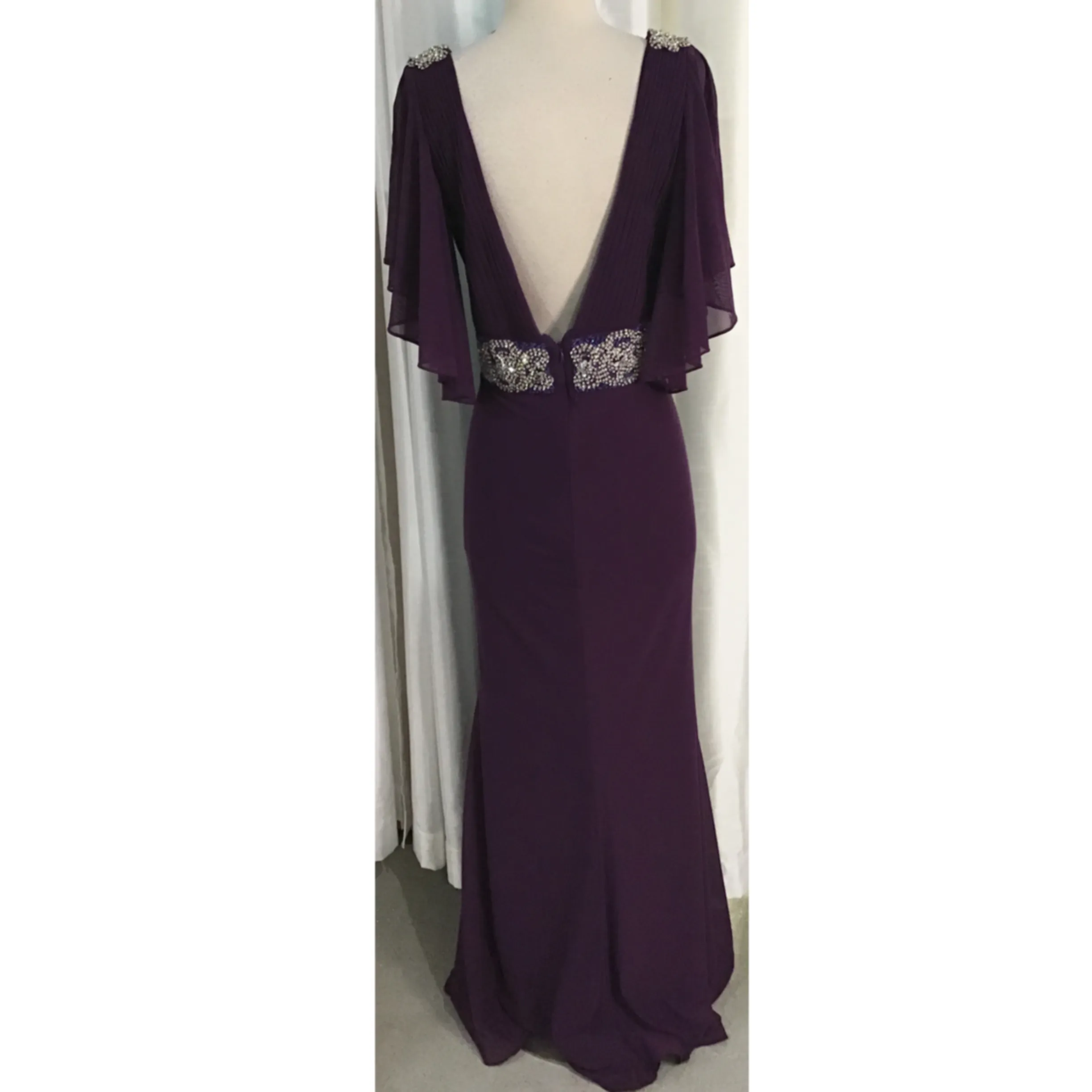 JOVANI Plum/Dark Purple Embellished Waist With Cape Sleeves Long Dress Size 14