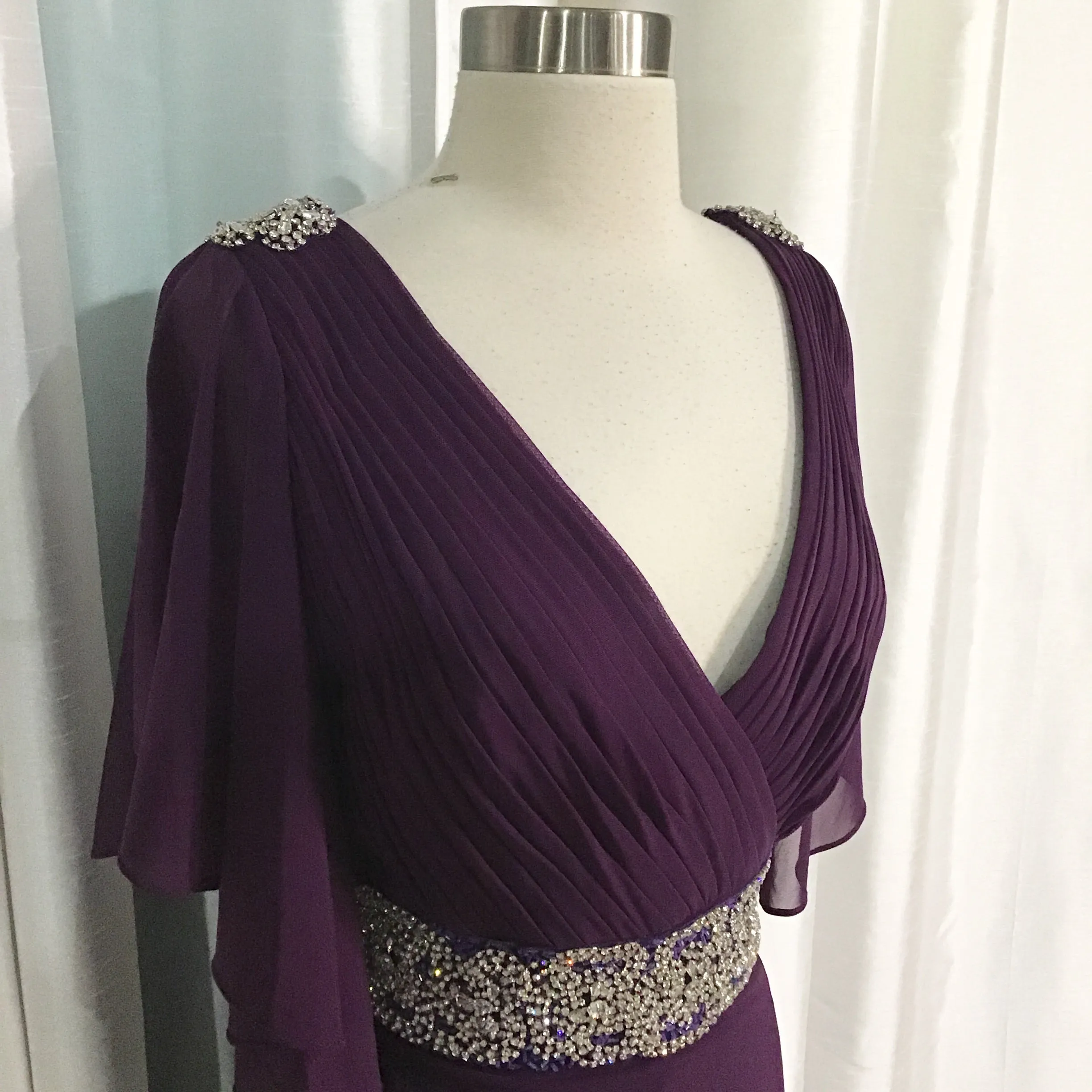 JOVANI Plum/Dark Purple Embellished Waist With Cape Sleeves Long Dress Size 14