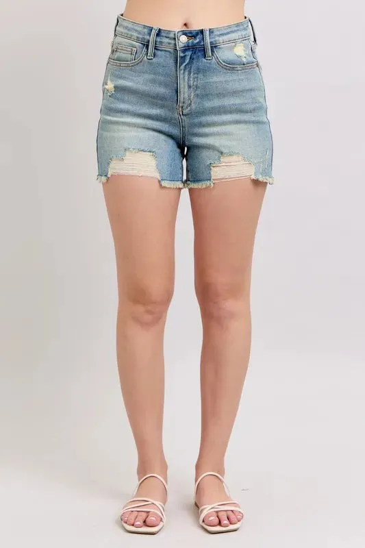 Judy Blue Full Size High Rise Washed Fly Stitch Detail and Destroy Denim Shorts Plus Size