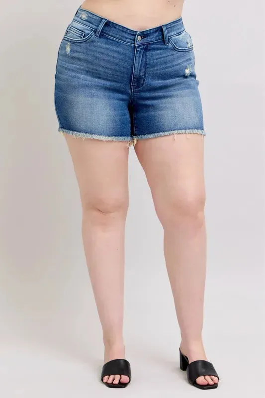 Judy Blue Full Size V-Front Denim Shorts with Shield Pockets Plus Size