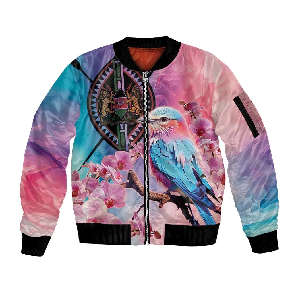 Kenya Lilac-Breasted Roller Sleeve Zip Bomber Jacket Coat Of Arms Mix Orchid LT14