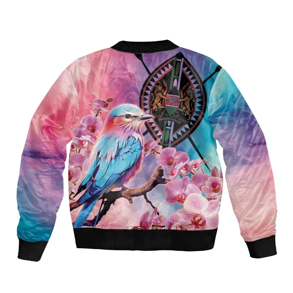 Kenya Lilac-Breasted Roller Sleeve Zip Bomber Jacket Coat Of Arms Mix Orchid LT14