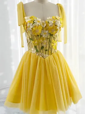 Knee Length Yellow Lace Tulle Short Prom Dresses, Cute 3D Flowers A Line Yellow Formal Evening Dresses